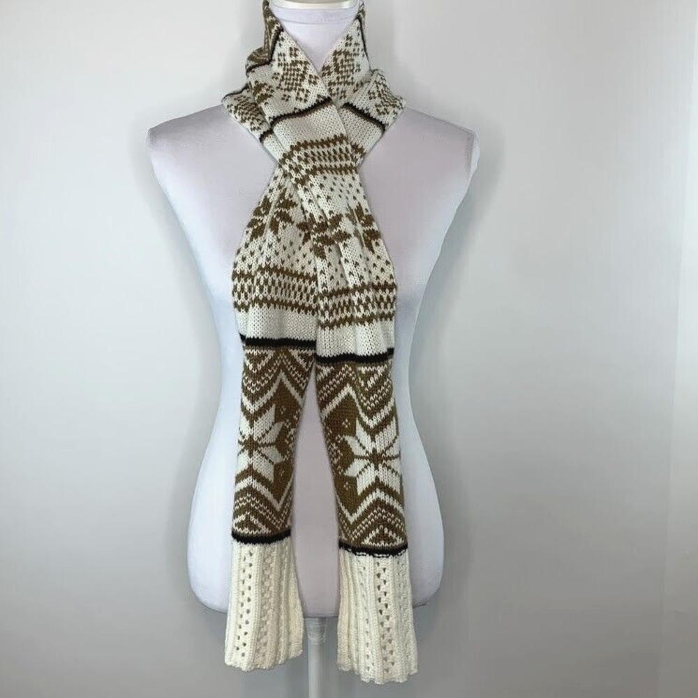 Winter Scarf Knit 100% Acrylic Holiday Geometric Cream Tan One Size 7" x 62"